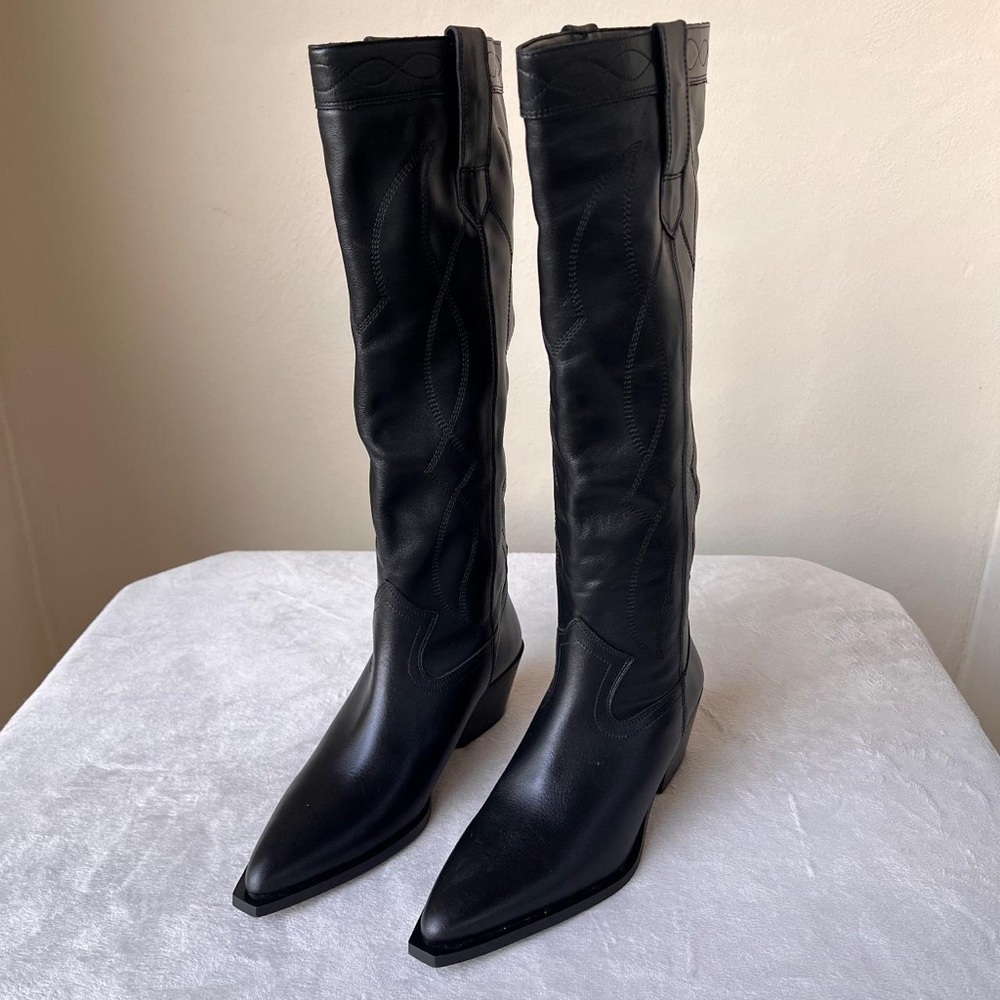 Zara Black Leather Western Cowboy Knee High Boots
